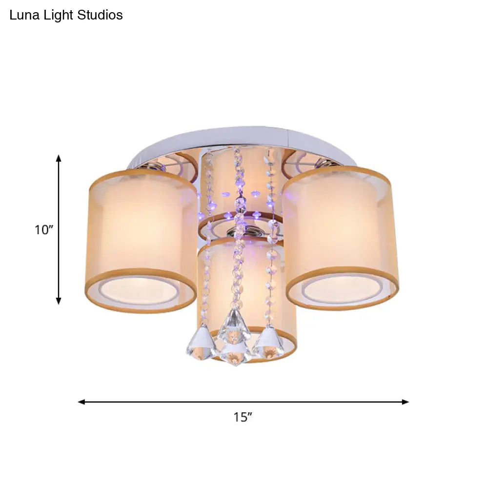 Modern Chrome Sheepskin Ceiling Light With Clear Crystal Accent - 3/7 Lights Cylinder Flush Mount