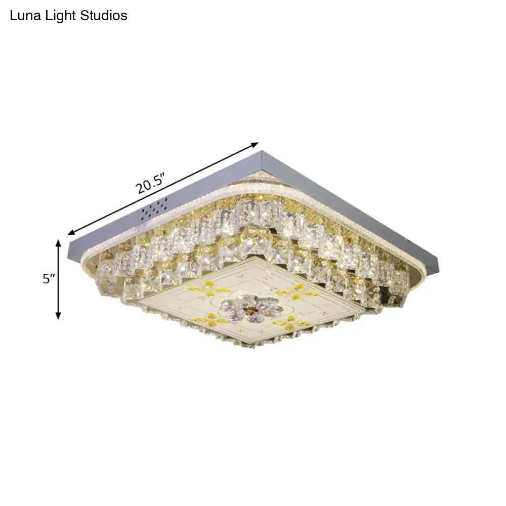 Modern Chrome Square Ceiling Light Fixture With Clear Crystal Blocks And Led – Ideal For Bedrooms