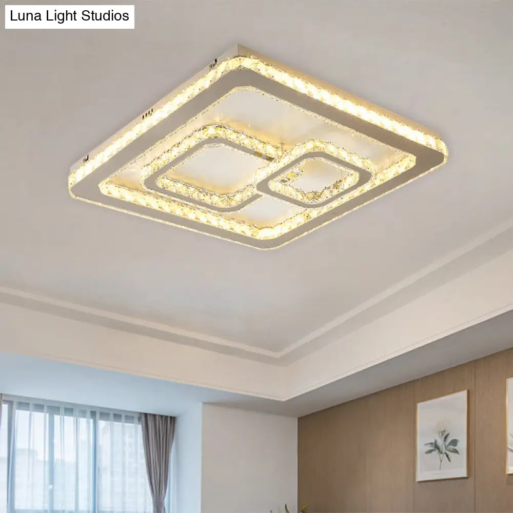 Modern Chrome Square Led Flush Mount Ceiling Lamp With Warm/White Light And Beveled Glass Available