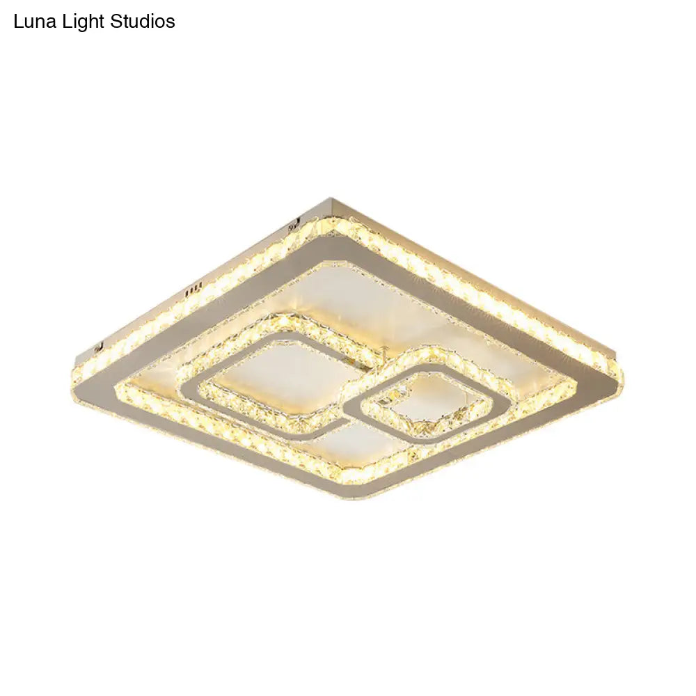 Modern Chrome Square Led Flush Mount Ceiling Lamp With Warm/White Light And Beveled Glass Available