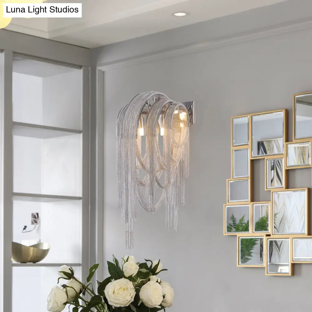 Modern Chrome Tassel Chain Sconce Light Fixture With 2 Lights For Bedroom Wall