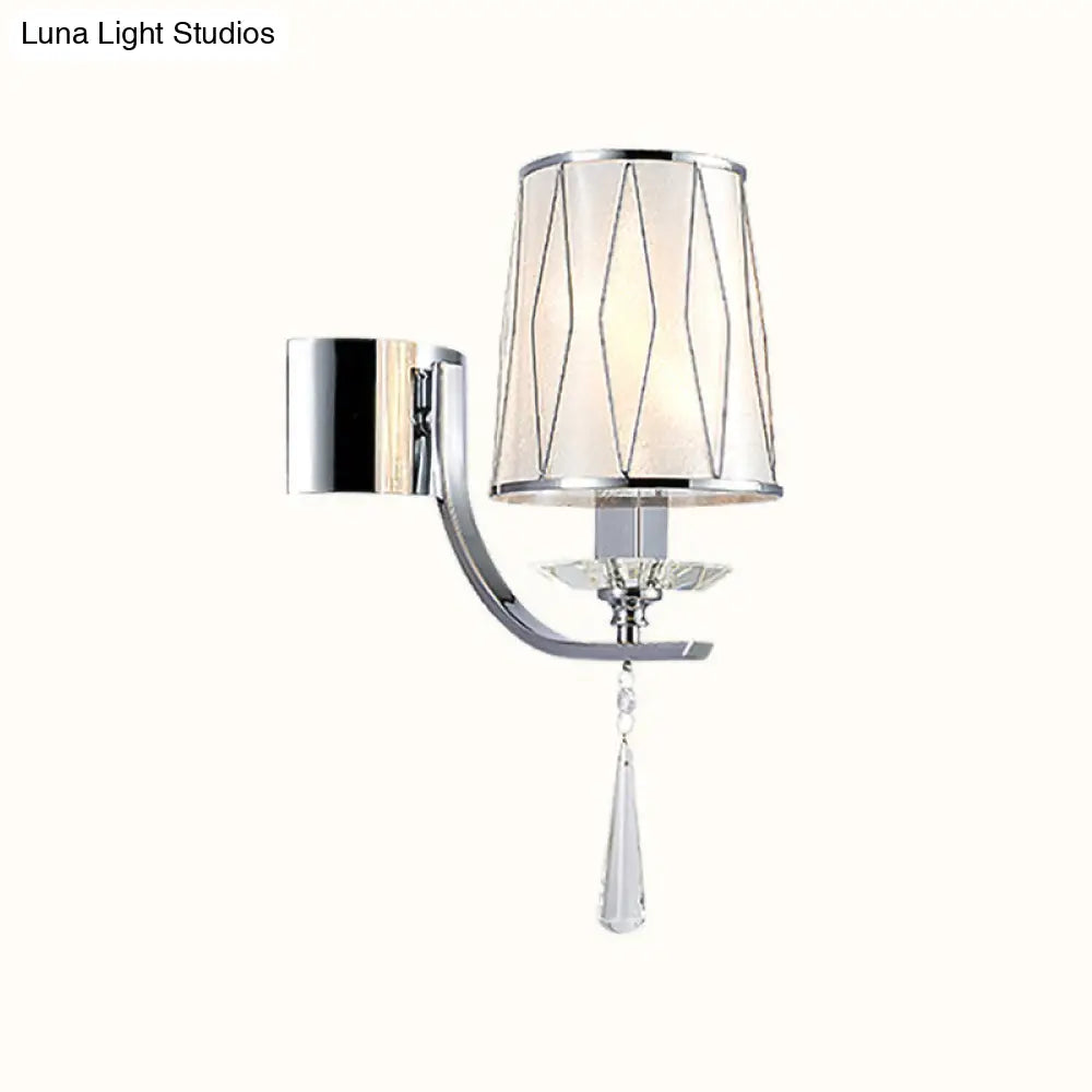 Modern Chrome Wall Lamp With K9 Crystal Drop And Diamond-Pattern Barrel Design