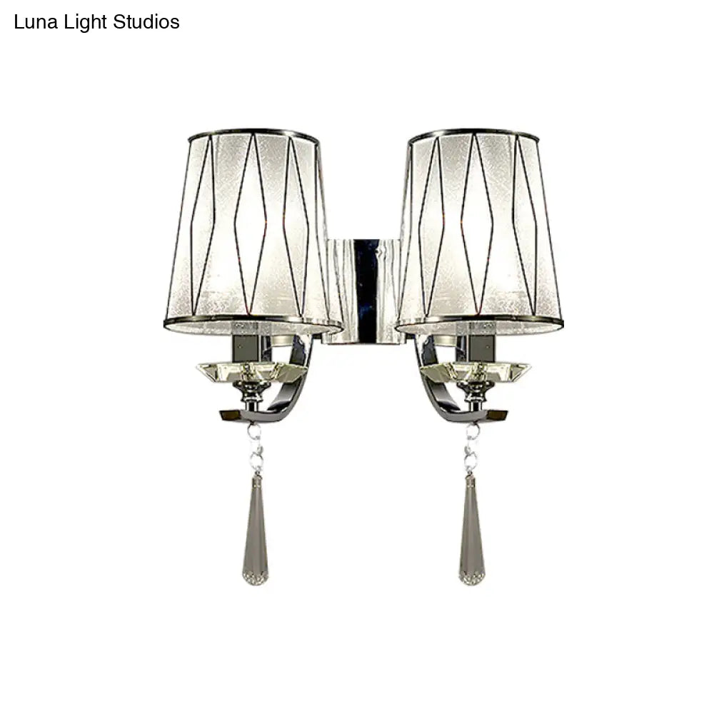 Modern Chrome Wall Lamp With K9 Crystal Drop And Diamond-Pattern Barrel Design