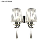 Modern Chrome Wall Lamp With K9 Crystal Drop And Diamond-Pattern Barrel Design