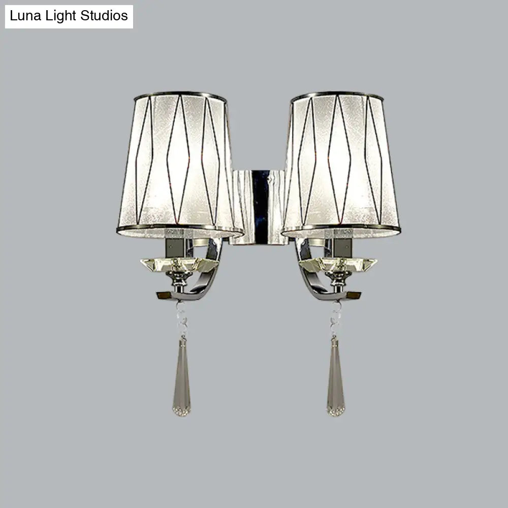 Modern Chrome Wall Lamp With K9 Crystal Drop And Diamond-Pattern Barrel Design