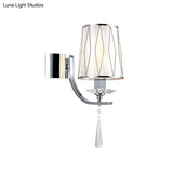 Modern Chrome Wall Lamp With K9 Crystal Drop And Diamond-Pattern Barrel Design