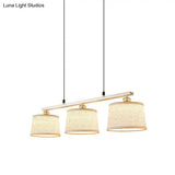 Modern Circular Pendant Light With Flaxen Fabric And 3 Bulbs For Open Kitchen Island Lighting
