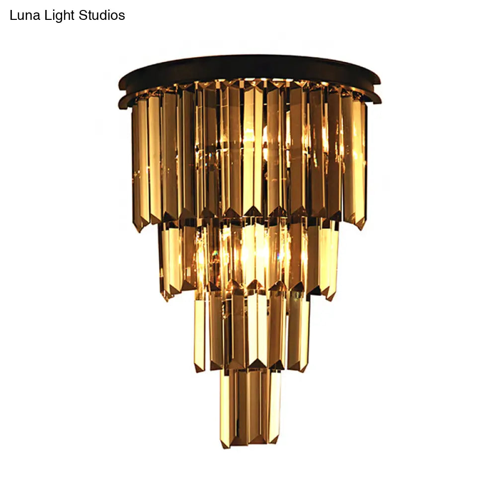 Modern Clear/Amber Layered Wall Light Sconce With Crystal Accents - 2-Light Mounted Lamp For Living