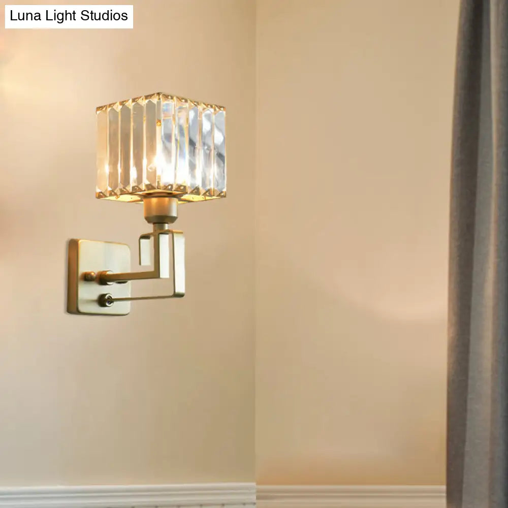 Modern Clear Crystal Block Wall Sconce Light With Gold Finish Ideal For Bedroom Lighting