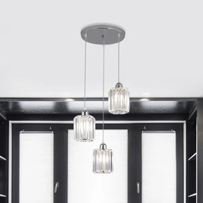 Modern Clear Crystal Cylinder Pendant Light With Chrome Finish - 3 Bulb Hanging Lamp Kit