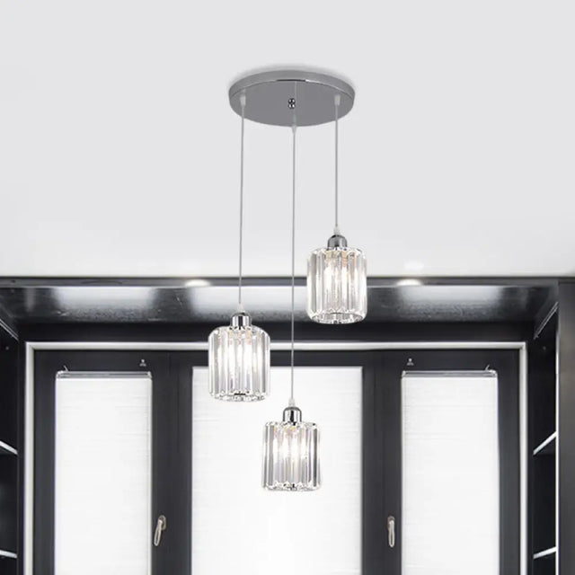 Modern Clear Crystal Cylinder Pendant Light With Chrome Finish - 3 Bulb Hanging Lamp Kit