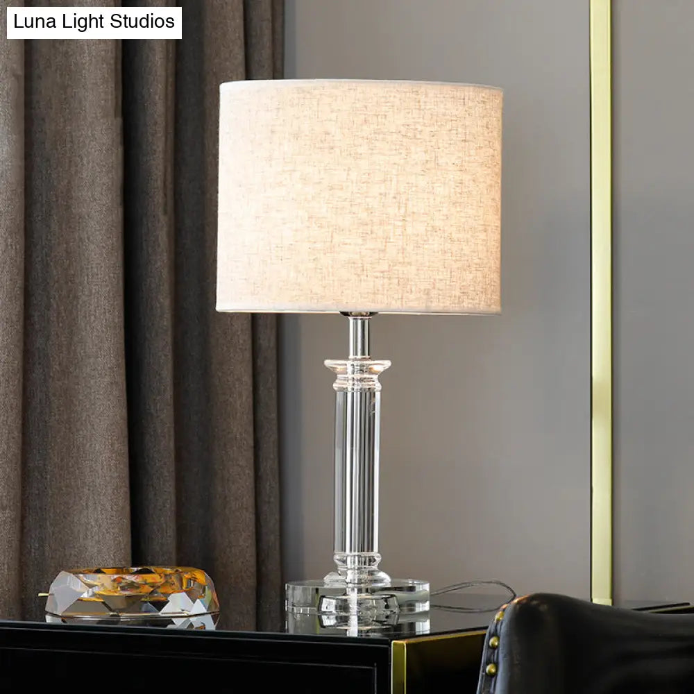 Modern Clear Crystal Drum Nightstand Lamp - 1-Light White Table Light For Living Room