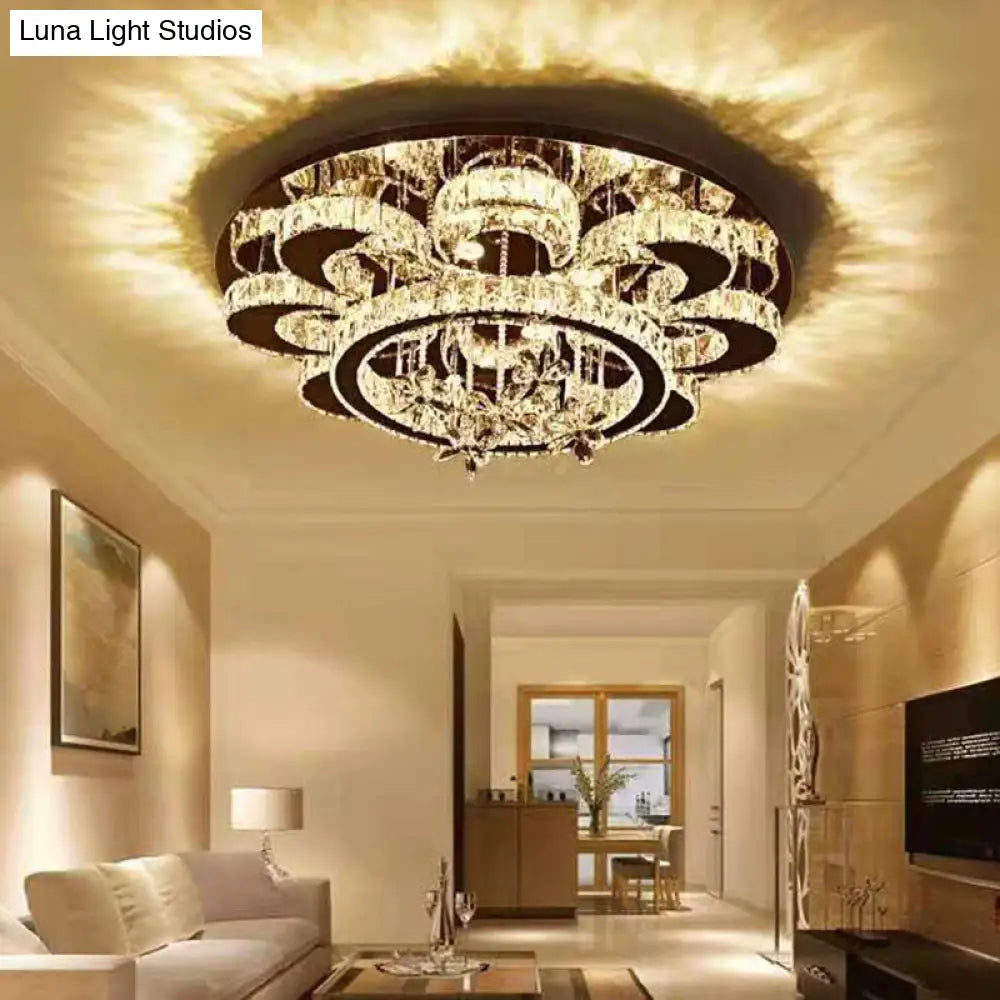 Modern Clear Crystal Flower Ceiling Lamp: Led Semi Flush Mount Light Fixture In Chrome / 18 Warm