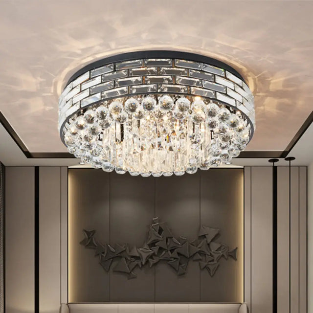 Modern Clear Crystal Flute Flush Mount Drum Ceiling Lamp - 7 Heads