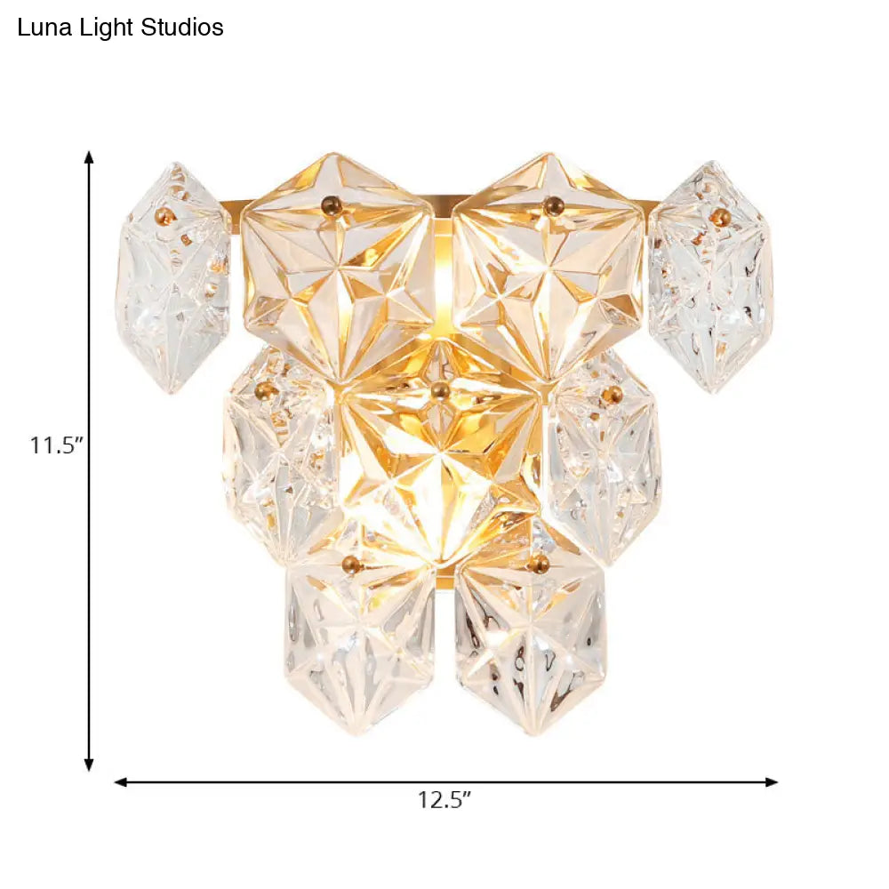 Modern Clear Crystal Hexagon Wall Light With Brass Finish - 2 Lights 8.5/12.5 Width Perfect For