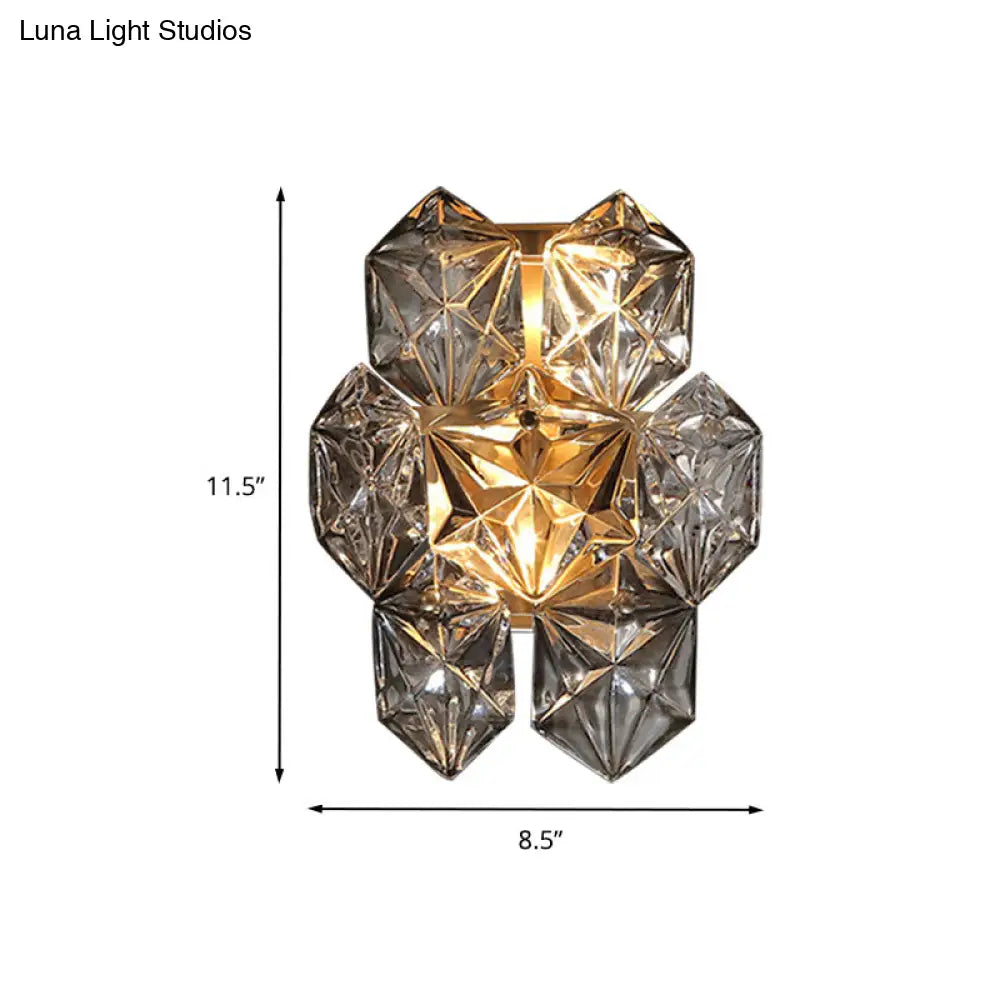 Modern Clear Crystal Hexagon Wall Light With Brass Finish - 2 Lights 8.5/12.5 Width Perfect For