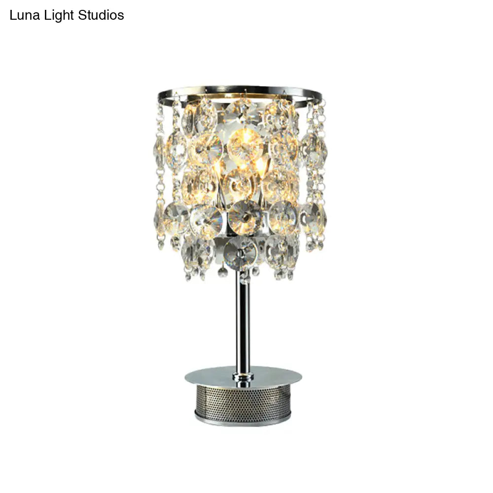 Modern Clear Crystal Tassel Desk Lamp With Metallic Base - 2 Bulbs Night Table Light