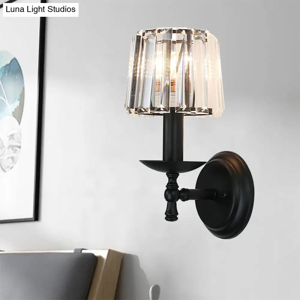 Modern Clear Crystal Wall Lamp: 1-Head Bedside Sconce Light In Black Curved/Straight Arm