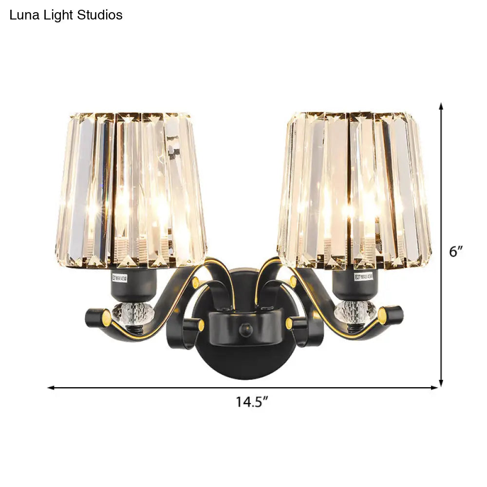 Modern Clear Glass Conic Wall Lamp - 1/2-Bulb Black Sconce Lighting With Crystal Decor