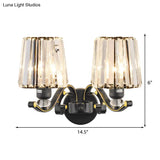 Modern Clear Glass Conic Wall Lamp - 1/2-Bulb Black Sconce Lighting With Crystal Decor