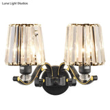 Modern Clear Glass Conic Wall Lamp - 1/2-Bulb Black Sconce Lighting With Crystal Decor