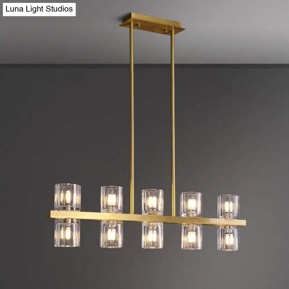 Modern Clear Glass Cylinder Island Light Fixture - 10 Head Gold Suspension Pendant For Restaurants