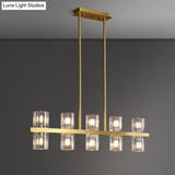 Modern Clear Glass Cylinder Island Light Fixture - 10 Head Gold Suspension Pendant For Restaurants