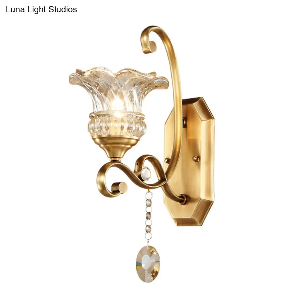 Modern Clear Glass Flower Sconce: Brass Wall Lamp With Crystal Accent - 1/2 Lights