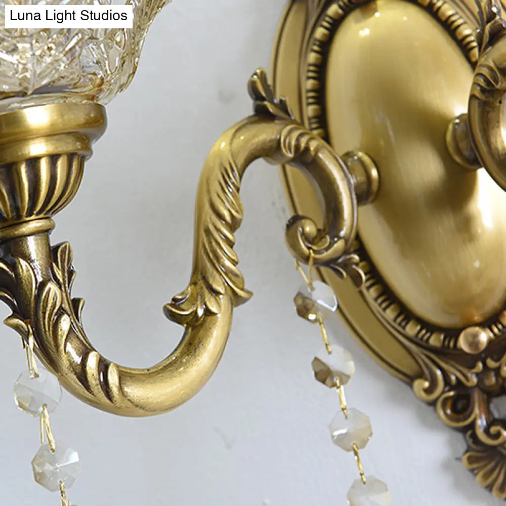Modern Clear Glass Flower Wall Sconce Light With Crystal Drop - 1/2 Heads Brass Mounted