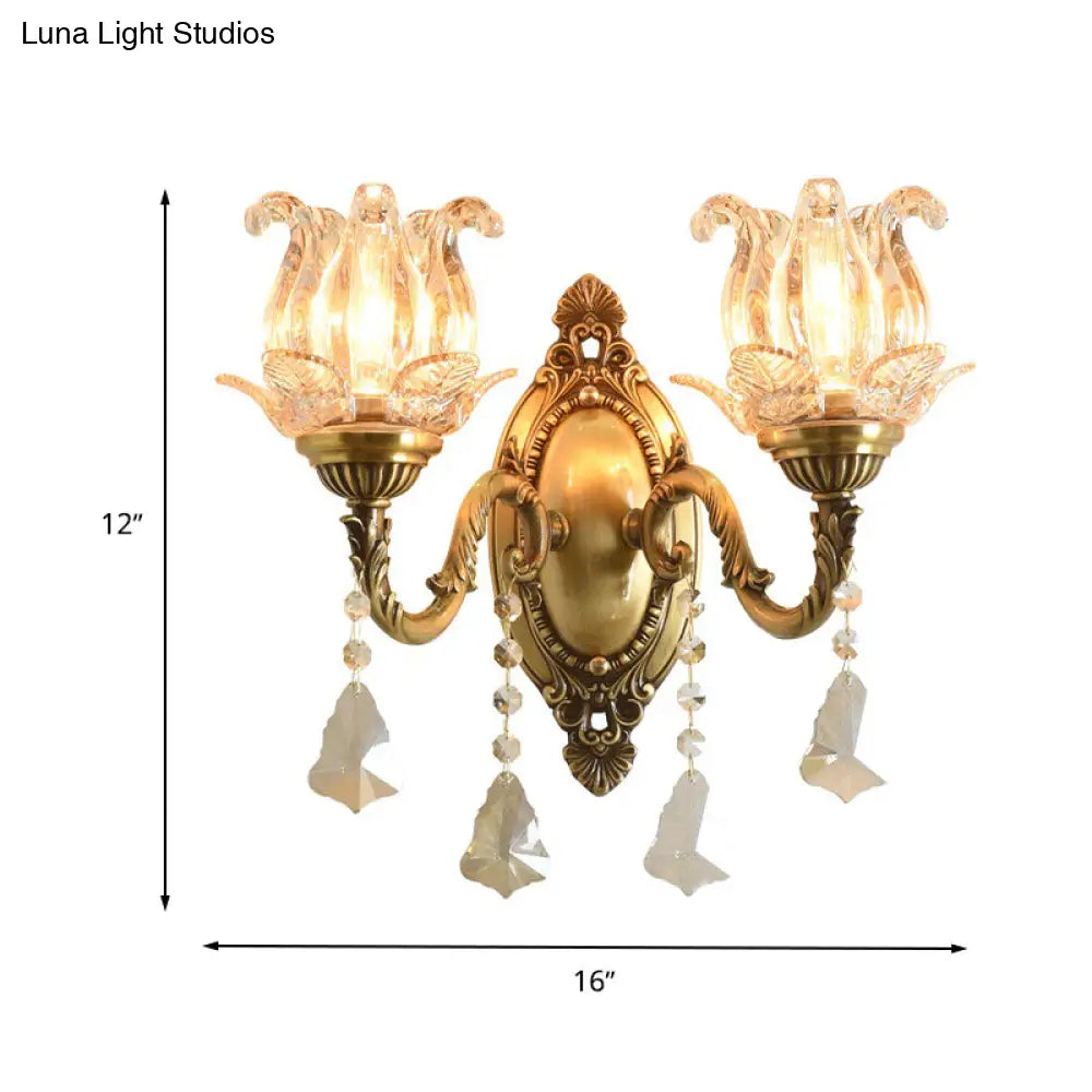 Modern Clear Glass Flower Wall Sconce Light With Crystal Drop - 1/2 Heads Brass Mounted