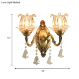 Modern Clear Glass Flower Wall Sconce Light With Crystal Drop - 1/2 Heads Brass Mounted