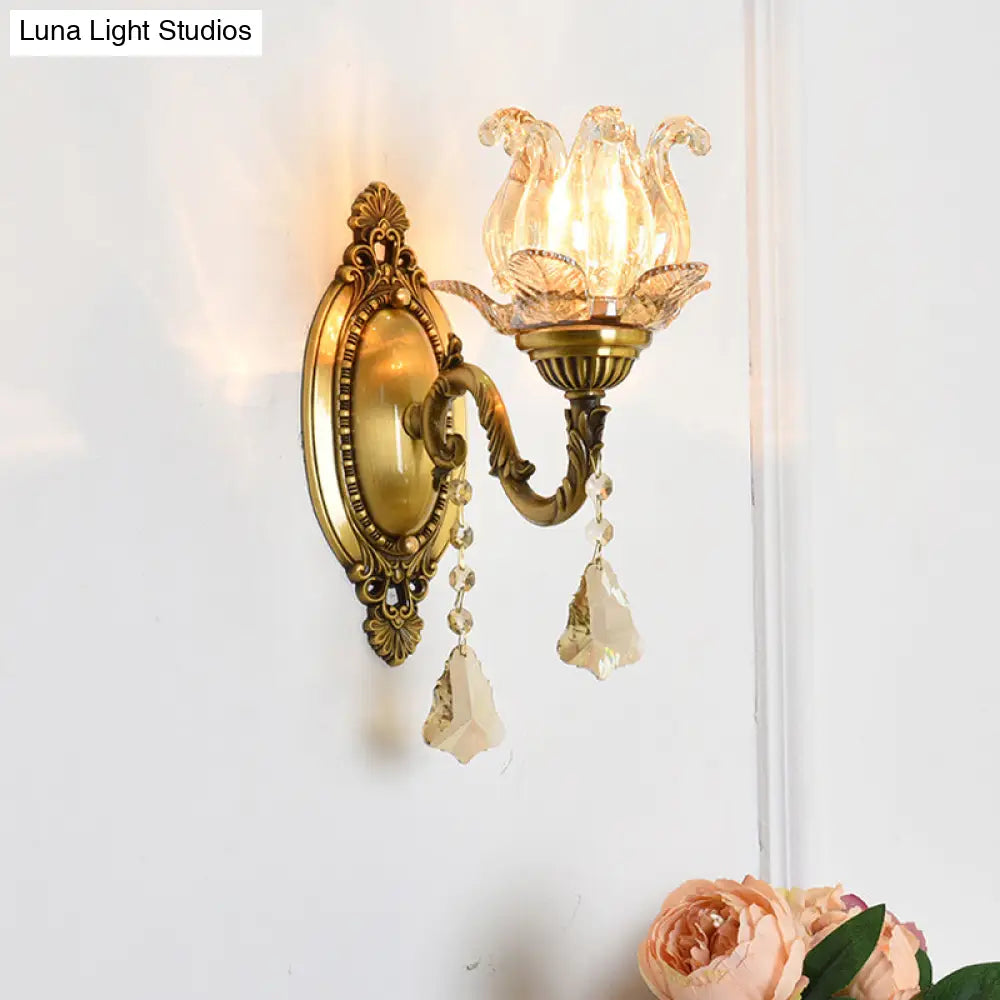 Modern Clear Glass Flower Wall Sconce Light With Crystal Drop - 1/2 Heads Brass Mounted