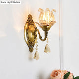 Modern Clear Glass Flower Wall Sconce Light With Crystal Drop - 1/2 Heads Brass Mounted