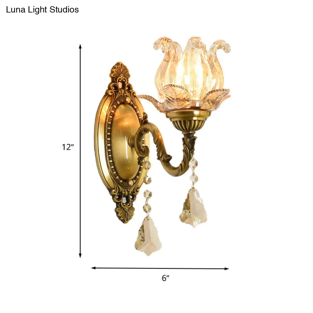 Modern Clear Glass Flower Wall Sconce Light With Crystal Drop - 1/2 Heads Brass Mounted