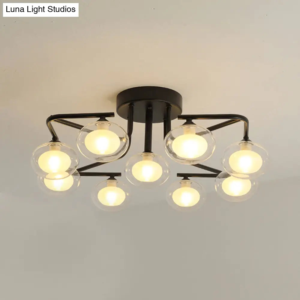Modern Clear Glass Global Semi Flush Mount With Multiple Rod Design - 7/9 Lights Led Black Lamp