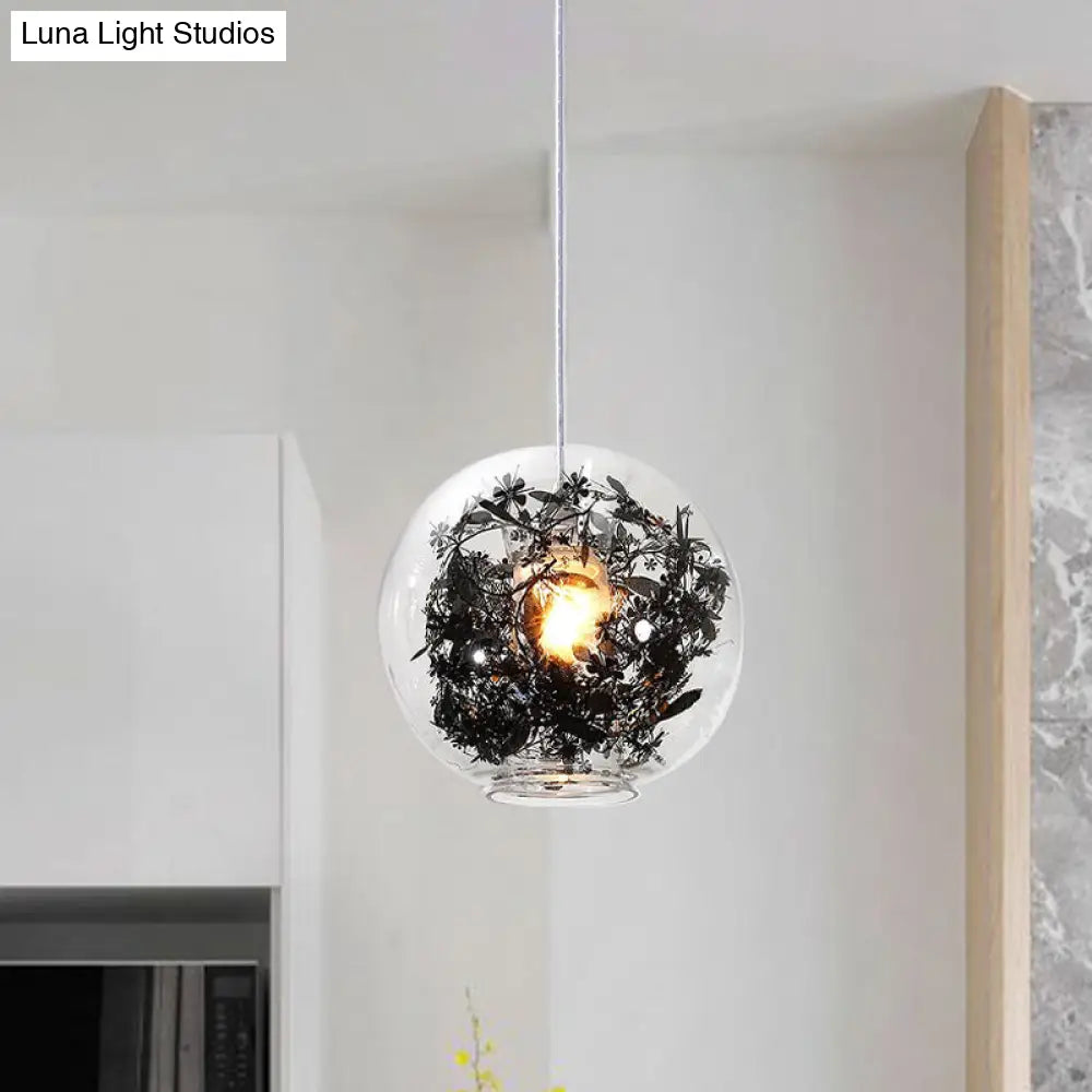Modern Clear Glass Pendant Ceiling Light with Black Plant Design Inside Black