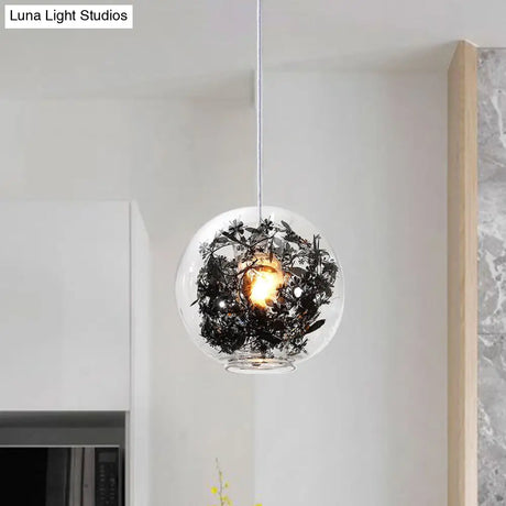 Modern Clear Glass Pendant Ceiling Light with Black Plant Design Inside Black