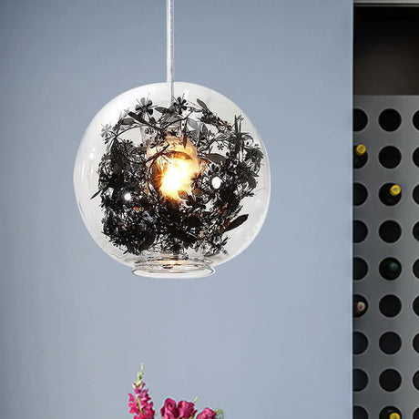 Modern Clear Glass Pendant Ceiling Light with Black Plant Design Inside Black