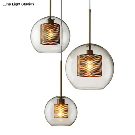 Modern Clear Glass Sphere Pendant Light With Mesh Screen - 1 Bulb Suspension Lamp