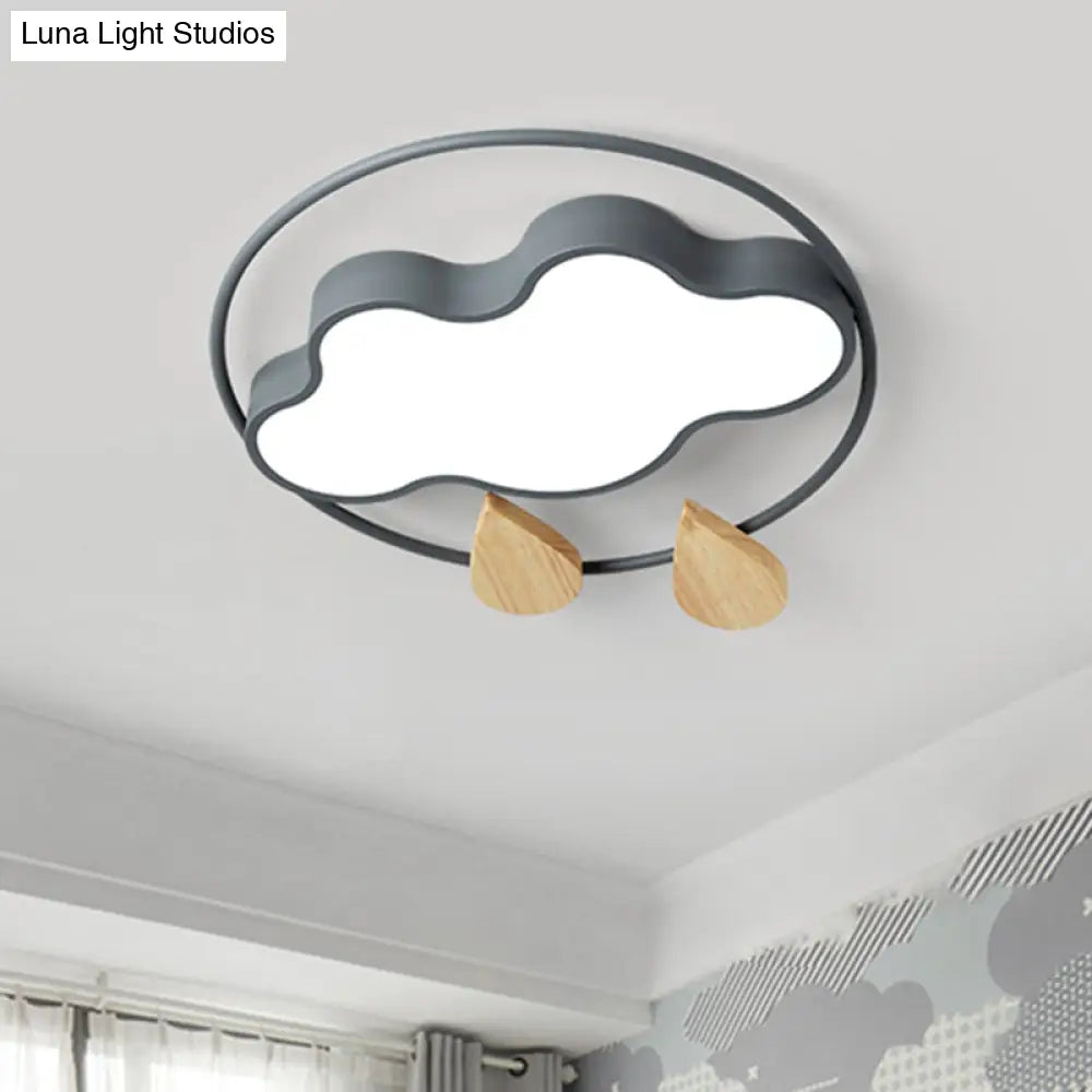 Modern Cloud Bedroom Ceiling Light With Acrylic Led Wood Raindrop Design (Grey/White/Green)
