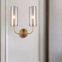 Modern Cognac Glass Cylinder Sconce Light With 2 Bulbs - Gold Wall Mount Lamp