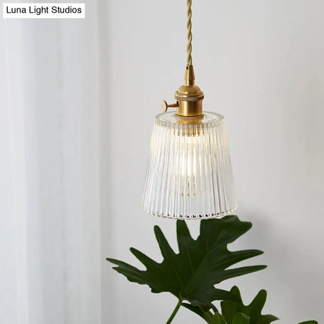 Modern Cone Hanging Ceiling Light - 1 Ribbed Glass Pendant In Brass