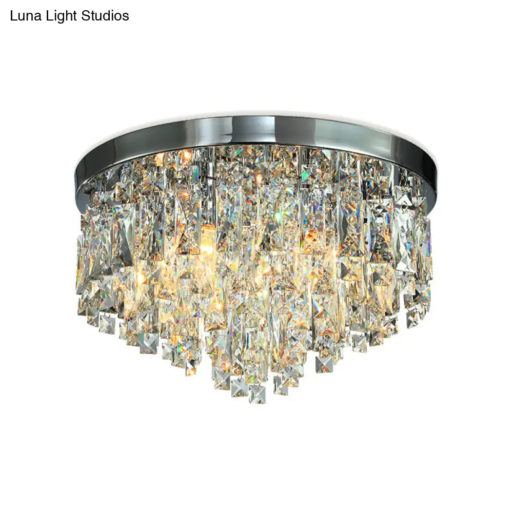 Modern Conical Crystal Block Ceiling Lamp: 12’/18’ Wide 4/6 - Bulb Flush Mount In Chrome