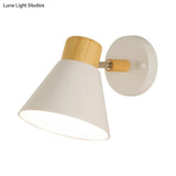 Modern Conical Sconce With Wood Cap: White Metal Wall Mount Light Fixture (1 Bulb)