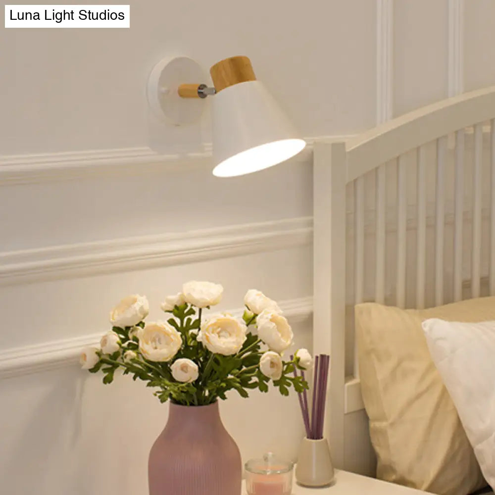 Modern Conical Sconce With Wood Cap: White Metal Wall Mount Light Fixture (1 Bulb)