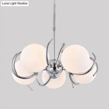 Modern Cream Glass Pendant Chandelier With Spherical Design - 5-Head Chrome Twisted Hanging Light