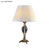 Modern Cream Gray Pleated Table Lamp With Bronze Carved Metal Base Fabric Shade 1 Bulb