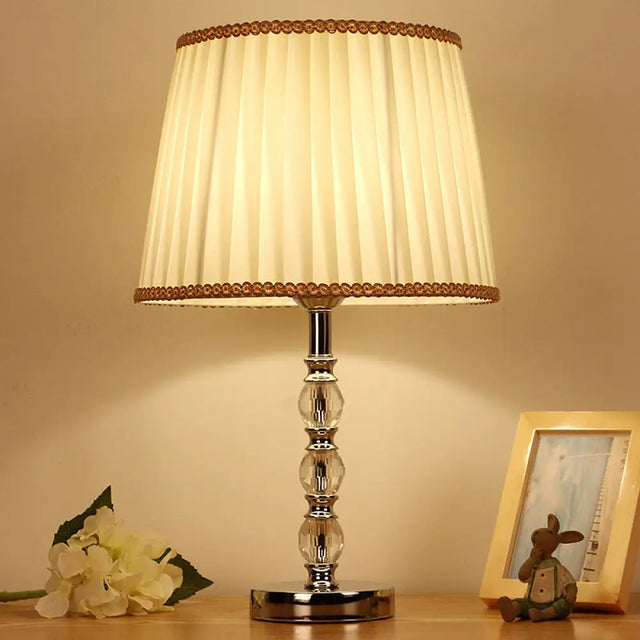 Modern Crystal Barrel Nightstand Lamp 1 Bulb Beige Table Light For Bedroom