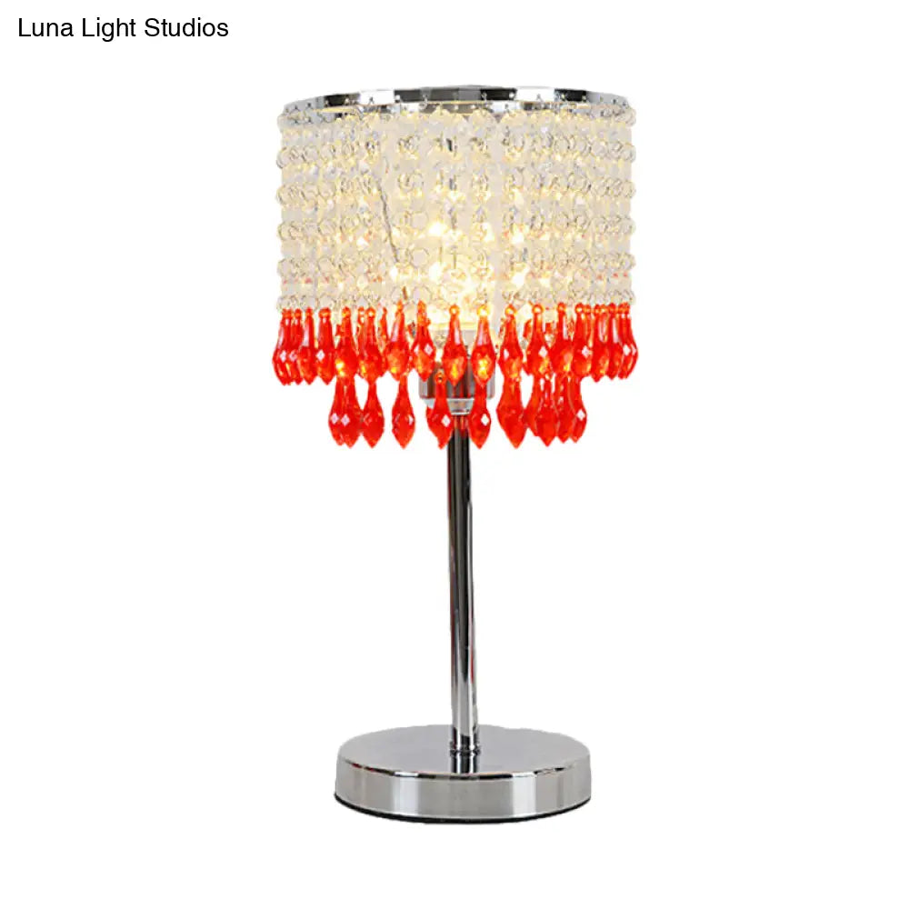 Modern Crystal Beaded Table Lamp - Red/Pink/Purple Tassel Design Single-Bulb Nightstand Light For
