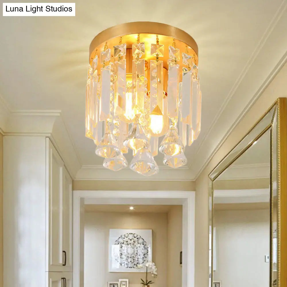 Modern Crystal Block Cylinder Flush Mount Light With Brass Finish - 2 Lights 8’/10’ Wide